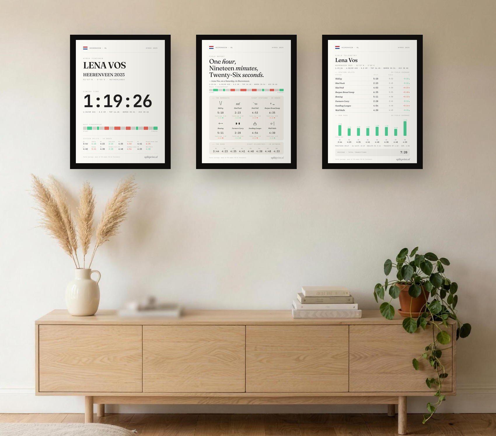 Three Splitprint race artefacts as a gallery wall above a sideboard in a bright living room