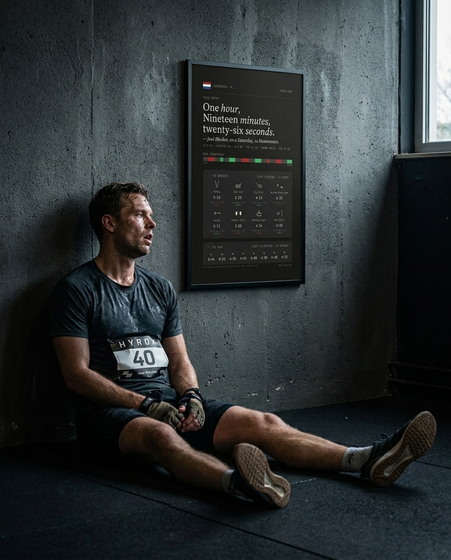 An exhausted Hyrox athlete sits below their race artefact on the wall after the race